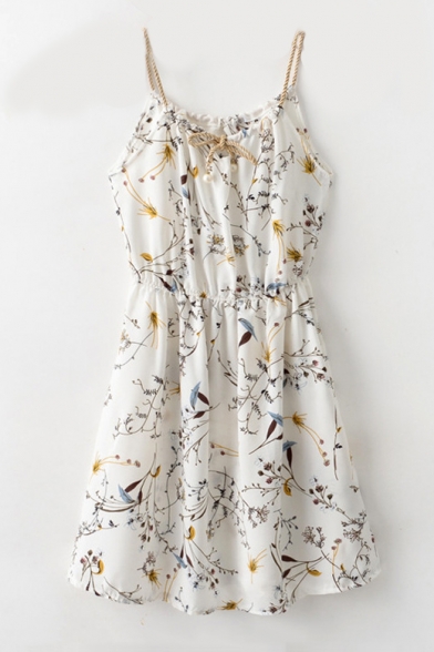 Braid Drawstring Front Spaghetti Straps Sleeveless Floral Printed Mini Cami Dress