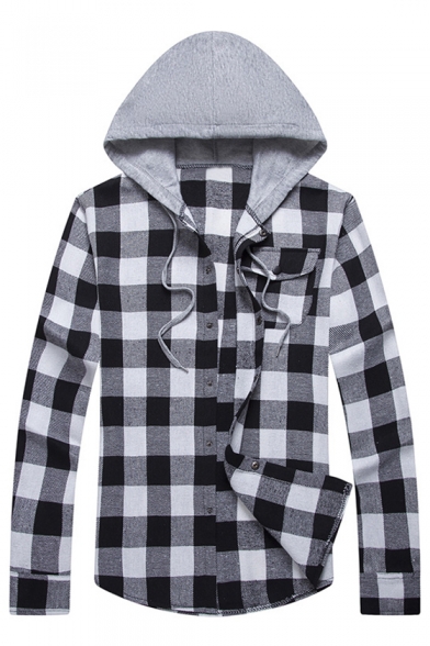 Color Block Hood Plaid Printed Long Sleeve Buttons Down Hooded Coat