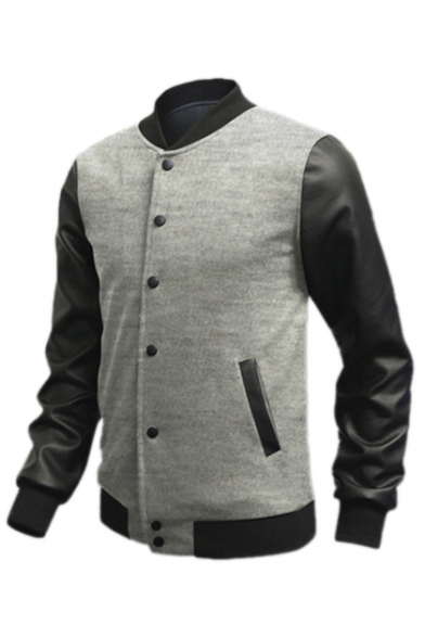Color Block PU Patchwork Single Breasted Stand Up Collar Baseball Jacket