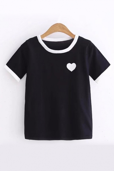 Contrast Trim Round Neck Short Sleeve Heart Printed Knit Tee