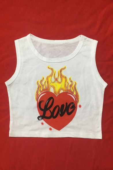 Fire Heart LOVE Letter Printed Round Neck Sleeveless Crop Tank