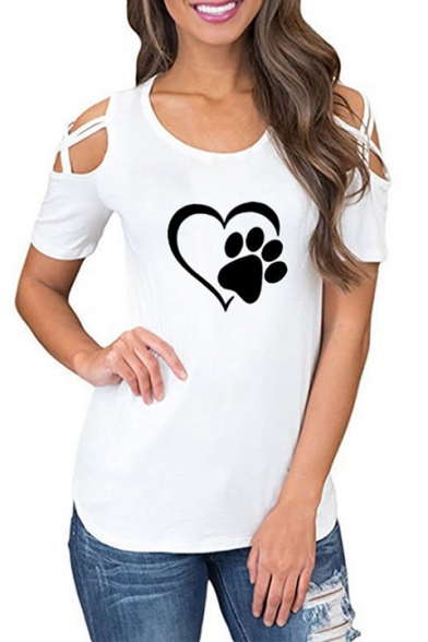 Heart Paw Printed Hollow Out Short Sleeve Round Neck Tee