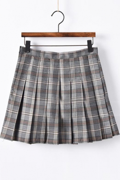 Plaid Printed Zipper Fly Mini A-Line Pleated Skirt