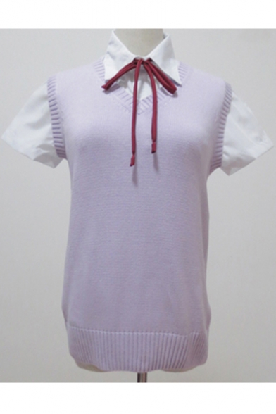 Plain V Neck Sleeveless Knit Vest Sweater