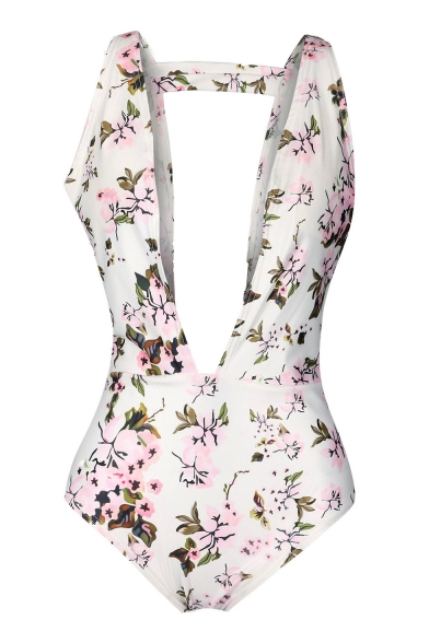 Plunge Neck Floral Printed Sleeveless Hollow Out Back One Piece Swimwear