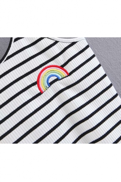 Rainbow Embroidered Spaghetti Straps Sleeveless Ribbed Bodysuit