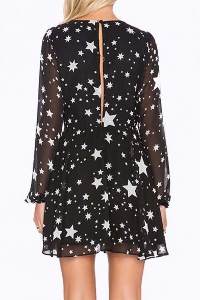 Star Printed V Neck Long Sleeve Hollow Out Back Mini A-Line Dress