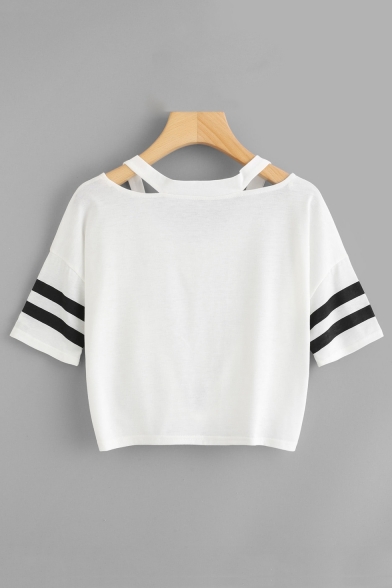 V Neck Hollow Out Knotted Hem Contrast Striped Printed Short Sleeve Crop Tee