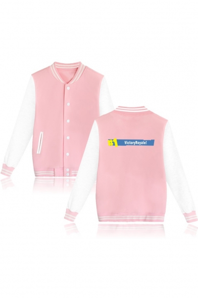VICTORY ROYALE Letter Printed Color Block Long Sleeve Buttons Down Baseball Jacket