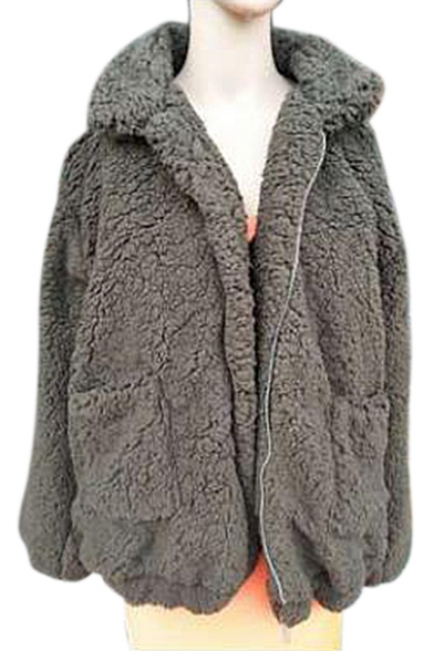 Winter Warm Plain Zip Up Long Sleeve Stand Up Collar Plush Coat