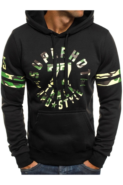 Camouflage Letter 77 Printed Contrast Striped Long Sleeve Hoodie