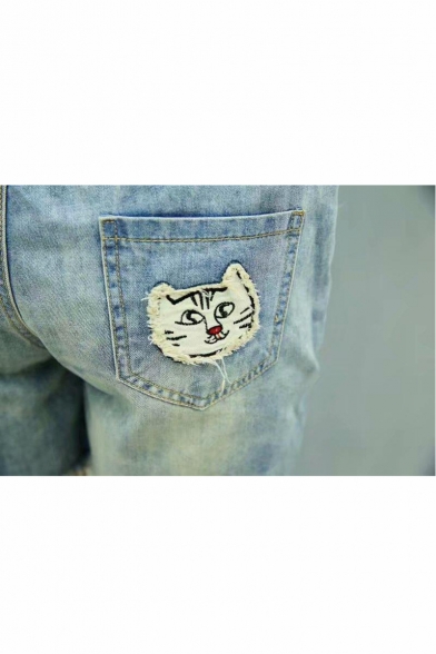 Cat Embroidered Drawstring Waist Straight Denim Shorts