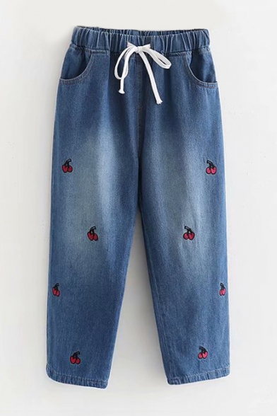 Cherry Embroidered Drawstring Waist Crop Jeans