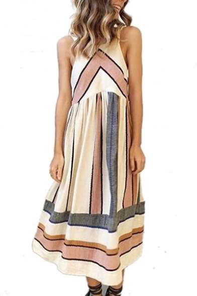 Chic Color Block Striped Printed Sleeveless Maxi A-Line Dress