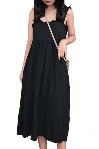 Chic Straps Sleeveless Plain Maxi A-Line Dress