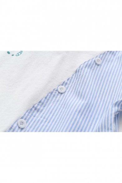Chinese Letter Printed Round Neck Striped Patchwork Short Sleeve Buttons Embellished Tee