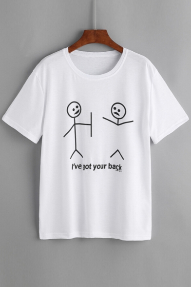 Comic Cartoon Character I'VE GOT YOUR BACK Letter Printed Round Neck Short Sleeve Tee