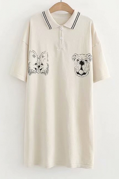 Contrast Striped Lapel Collar Short Sleeve Dog Printed Mini T-Shirt Dress