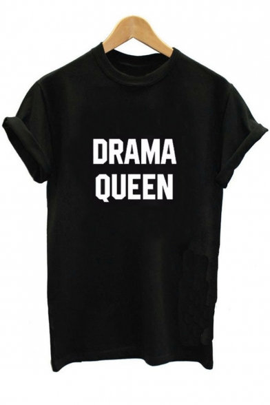 

DRAMA QUEEN Letter Printed Round Neck Short Sleeve Tee, Black;white;gray, LC473801