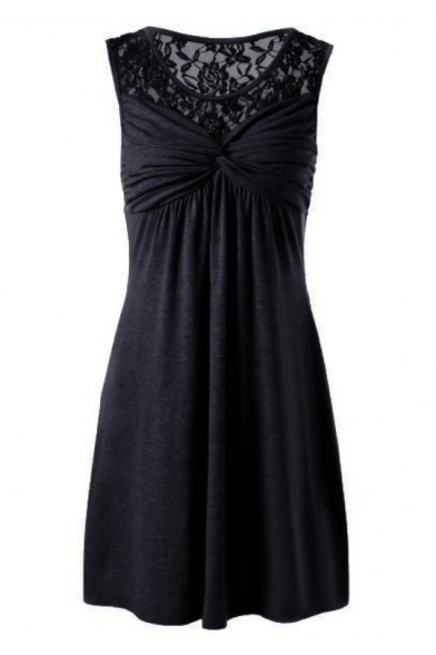Floral Lace Insert Round Neck Sleeveless Mini A-Line Dress