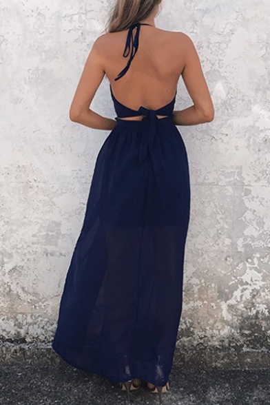 Hollow Out Front Halter Sleeveless Pain Split Front Maxi Cami Dress