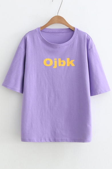 

OJBK Letter Printed Round Neck Short Sleeve Tee, White;purple