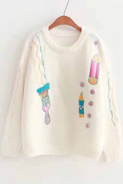 Pencil Letter Embroidered Round Neck Long Sleeve Sweater