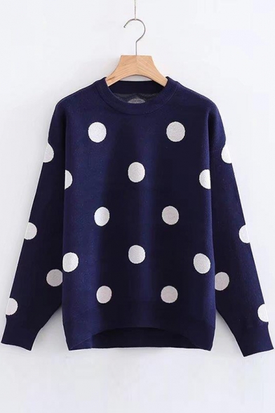 Polka Dot Printed Round Neck Long Sleeve Sweater
