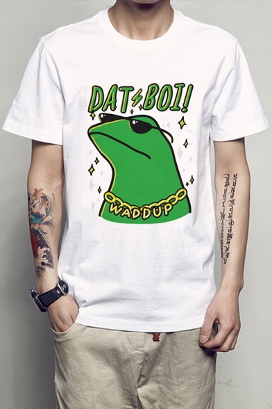Trendy Letter Frog Printed Round Neck Short Sleeve Tee