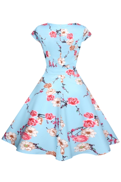 Bow Tied Waist Round Neck Short Sleeve Floral Printed Midi A-Line Dress