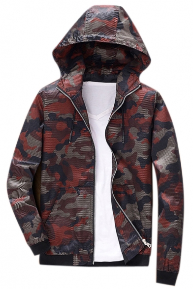 Camouflage Printed Zip Up Long Sleeve Hooded Coat