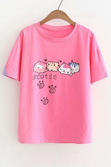 CATS Letter Animal Paw Printed Round Neck Short Sleeve Tee
