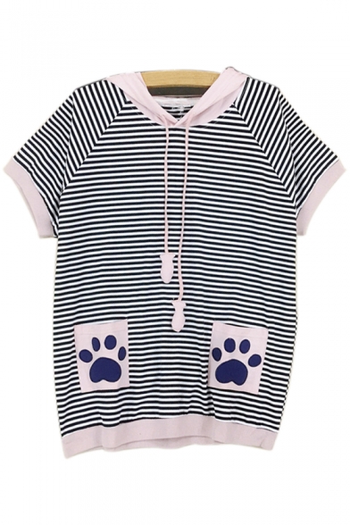 Color Block Striped Printed Paw Embroidered Pocket Short Sleeve Tee