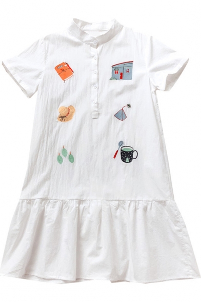 Cute Embroidered Lapel Collar Short Sleeve Buttons Embellished Midi A-Line Dress