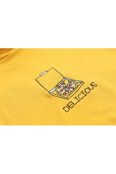 DELICIOUS Letter Pizza Embroidered Short Sleeve Hooded Tee