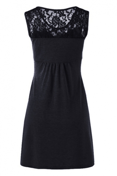Floral Lace Insert Round Neck Sleeveless Mini A-Line Dress