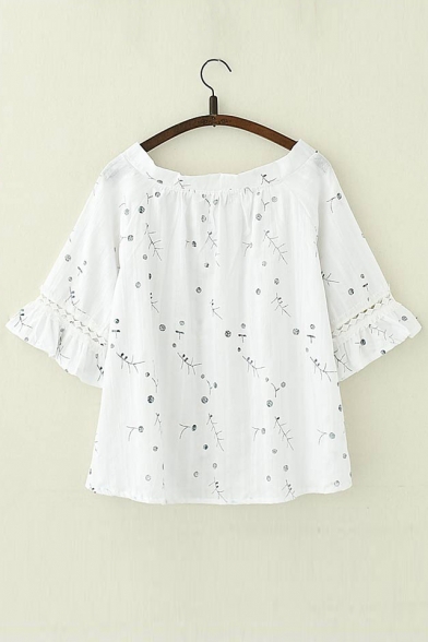 Floral Printed V Neck Short Sleeve Hollow Out Detail Blouse