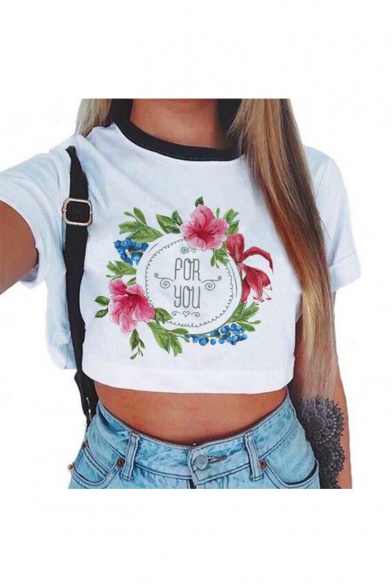 FOR YOU Letter Floral Printed Contrast Round Neck Short Sleeve Crop Tee