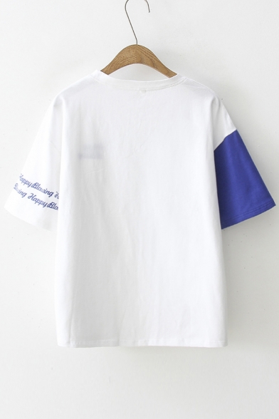 HAPPY Letter Embroidered Color Block Short Sleeve Round Neck Tee