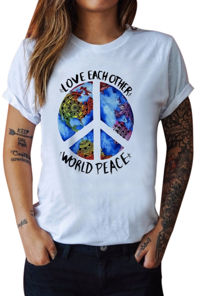 LOVE EACH OTHER Letter Earth Printed Round Neck Short Sleeve Tee