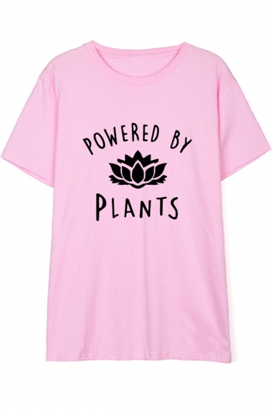 POWERED BY PLANTS Letter Floral Printed Round Neck Short Sleeve Tee