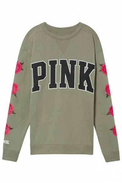 Round Neck Letter Floral Printed Long Sleeve Sweatshirt