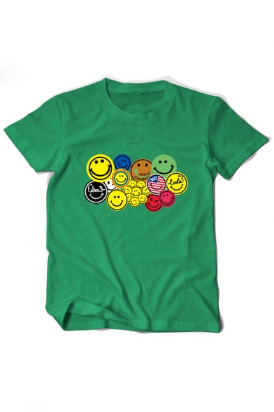 Smile Face Printed Round Neck Short Sleeve Leisure Tee
