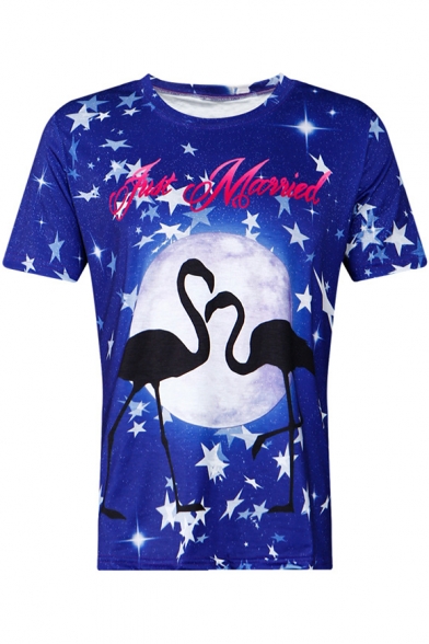 Star Moon Flamingo Letter Printed Round Neck Short Sleeve Tee