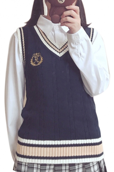 V Neck Sleeveless Color Block Embroidered Vest Sweater