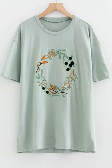 Wreath Floral Embroidered Round Neck Short Sleeve Tee