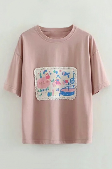 

Cartoon Girl Printed Applique Round Neck Short Sleeve Tee