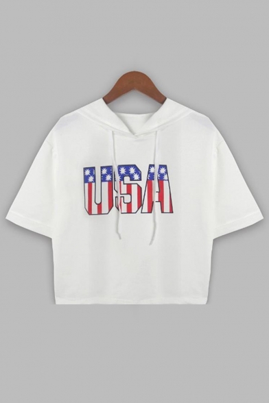 Chic USA Letter Printed Short Sleeve Crop Hooded Tee