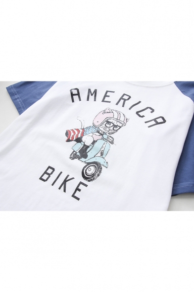 Color Block Cat AMERICA Letter Printed Round Neck Short Sleeve Tee