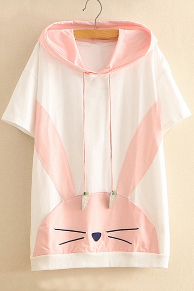 Color Block Rabbit Embroidered Short Sleeve Hooded Tee